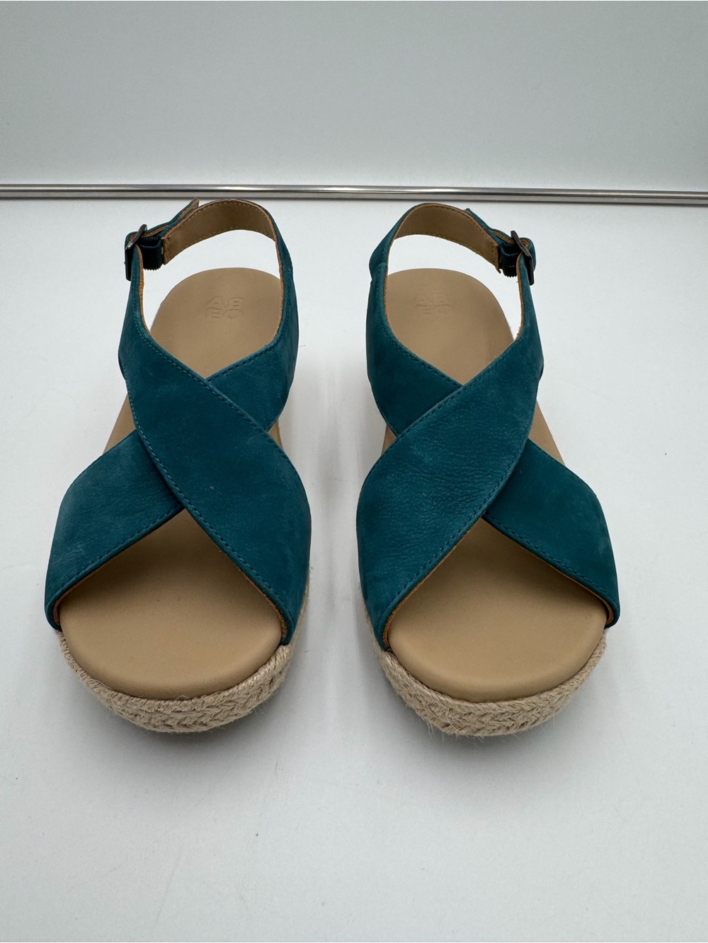ABEO Riviera Cross 2344 Women’s 7.5 Neutral Teal Leather Espadrille Wedge Sandal
